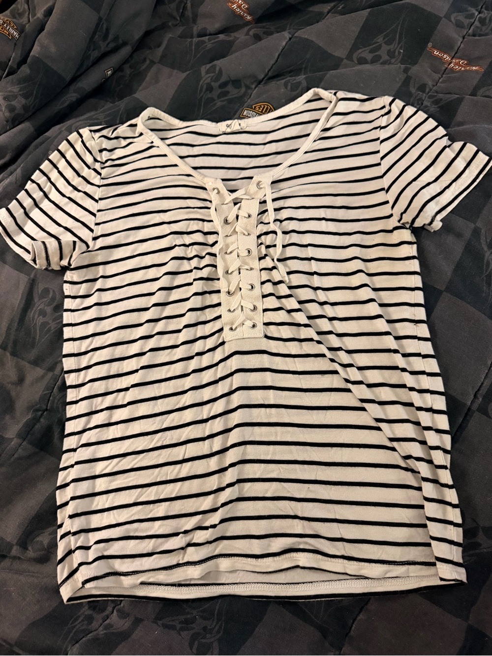 Garage Striped T shirt lace up string neck shoe string horizontal stripes